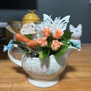 Floral Teapot Accent with Orange Roses and Butterfly